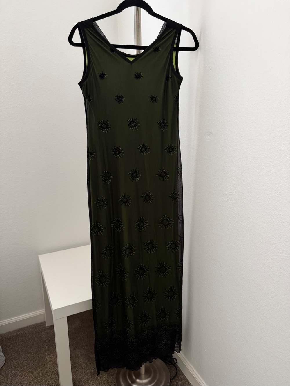 Sleeveless Olive Green Maxi Dress with Black Embroidered Overlay